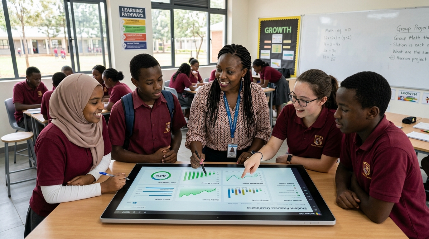 Engaged students and teacher reviewing live ClassSignal dashboard insights