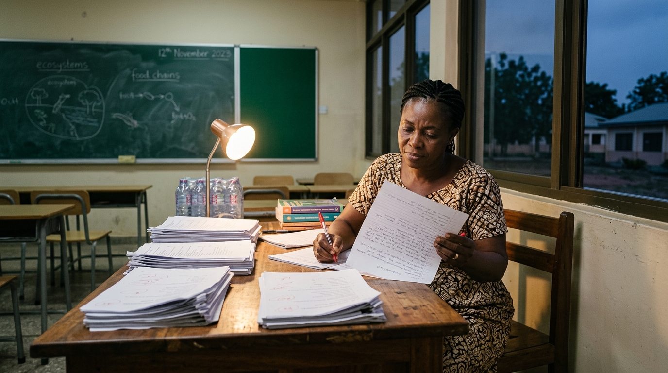 Teacher grading student paper exam scripts late into the evening